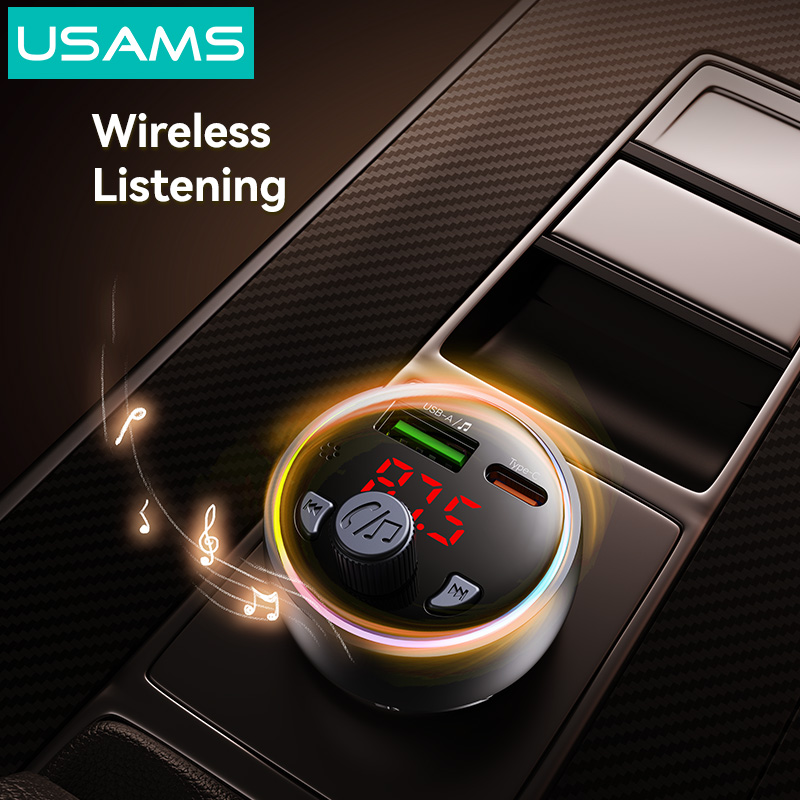 Tẩu Sạc Cho Ô Tô USAMS CC328 30W (1*Type-C + 1*USB-A port, Bluetooth v5.2, RGB Ambient Lighting, 2 Playback Modes​)