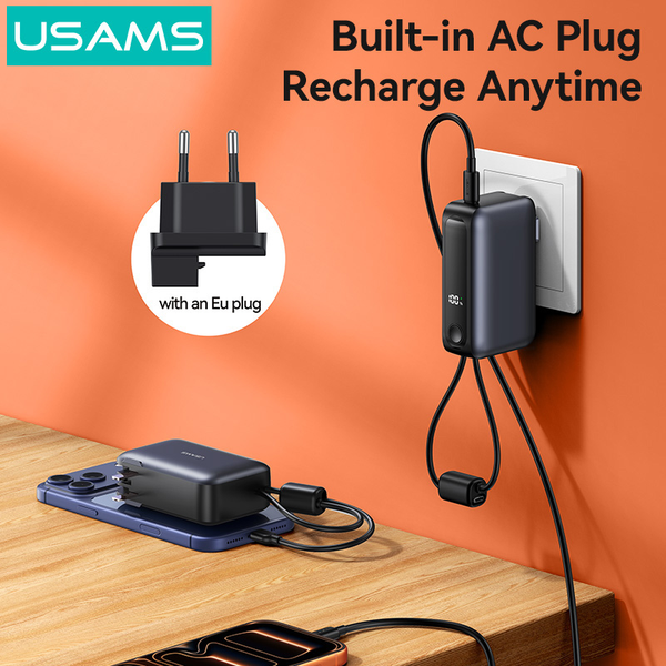 Pin Dự Phòng Kiêm Củ Sạc 3-in-1 USAMS CD260 PB88 10000mAh 22.5W (With Built-in Type-C + Lightning cable, Digital Display, 3C Certification)