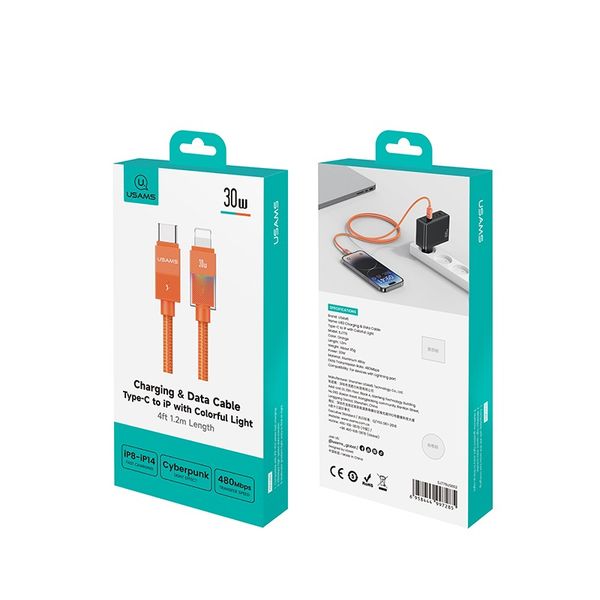 Cáp Sạc Nhanh C to Lightning USAMS SJ776 U93 30W (1.2m, Cyberpunk Light Effect, 480Mbps)