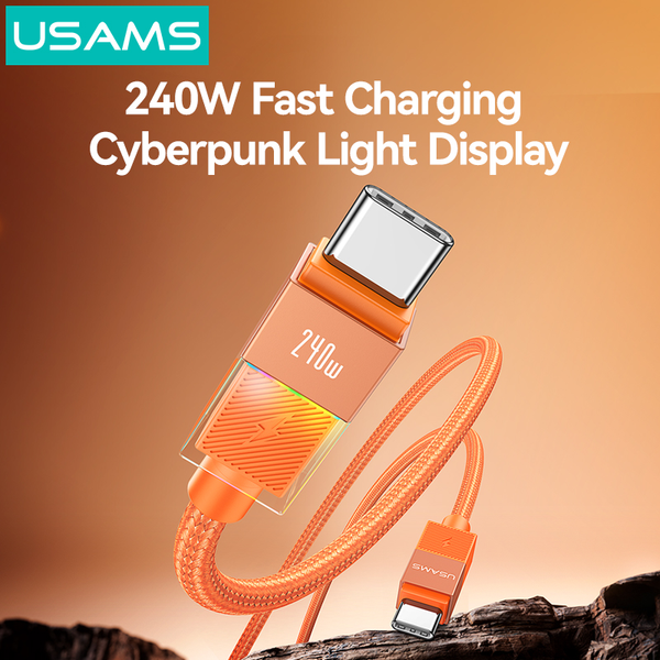 Cáp Sạc Nhanh C to C USAMS SJ775 U93 240W (PD3.1, 1.2m, Cyberpunk Light Effect, 480Mbps)