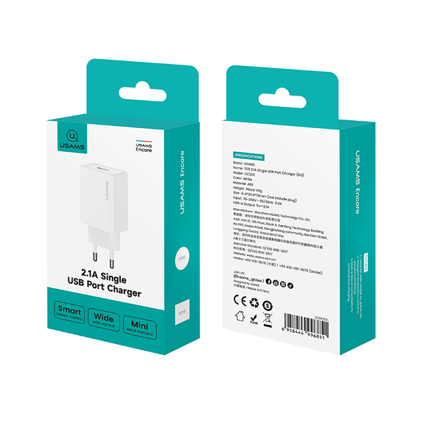 Củ Sạc Nhanh USAMS CC326 T69 2.1A (1*USB-A port, 5V/2.1A)