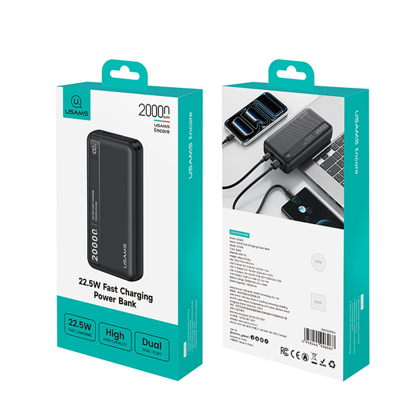 Pin Dự Phòng USAMS CD265 20000mAh 22.5W (1*Type-C + 1*USB-A port, Digital Display, 3C Certification)