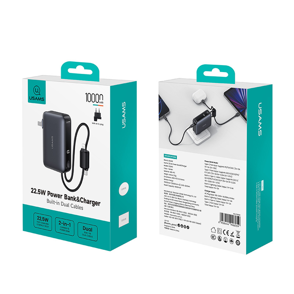 Pin Dự Phòng Kiêm Củ Sạc 3-in-1 USAMS CD260 PB88 10000mAh 22.5W (With Built-in Type-C + Lightning cable, Digital Display, 3C Certification)