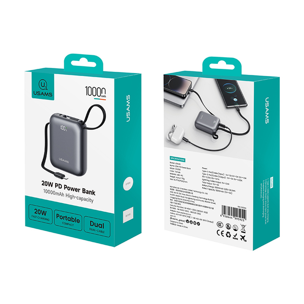 Pin Dự Phòng USAMS CD258 10000mAh 20W (With Built-in Type-C + Lighting cable, Digital Display, 3C Certification)