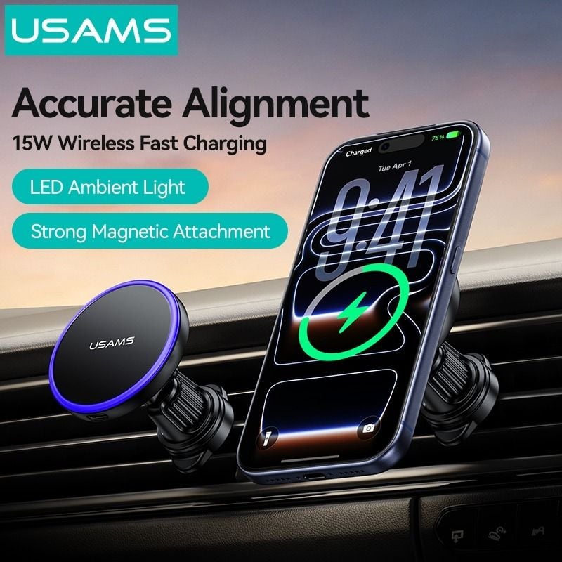 Giá Đỡ Điện Thoại Ô Tô Kiêm Sạc Không Dây USAMS CD277 (Air Vent Version, 15W Wireless Charging, 360° Adjustable, Ice Blue Ambient Lighting, Strong Magnetism)