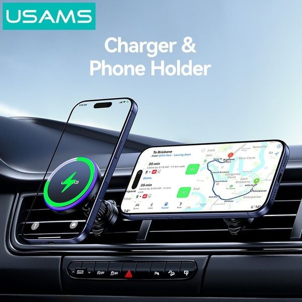 Giá Đỡ Điện Thoại Ô Tô Kiêm Sạc Không Dây USAMS CD277 (Air Vent Version, 15W Wireless Charging, 360° Adjustable, Ice Blue Ambient Lighting, Strong Magnetism)