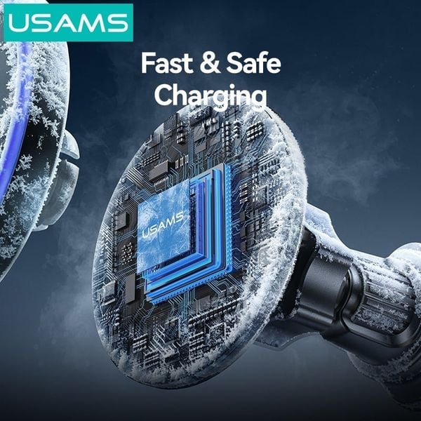 Giá Đỡ Điện Thoại Ô Tô Kiêm Sạc Không Dây USAMS CD277 (Air Vent Version, 15W Wireless Charging, 360° Adjustable, Ice Blue Ambient Lighting, Strong Magnetism)