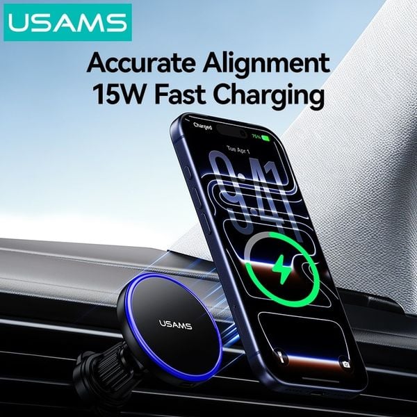 Giá Đỡ Điện Thoại Ô Tô Kiêm Sạc Không Dây USAMS CD277 (Air Vent Version, 15W Wireless Charging, 360° Adjustable, Ice Blue Ambient Lighting, Strong Magnetism)