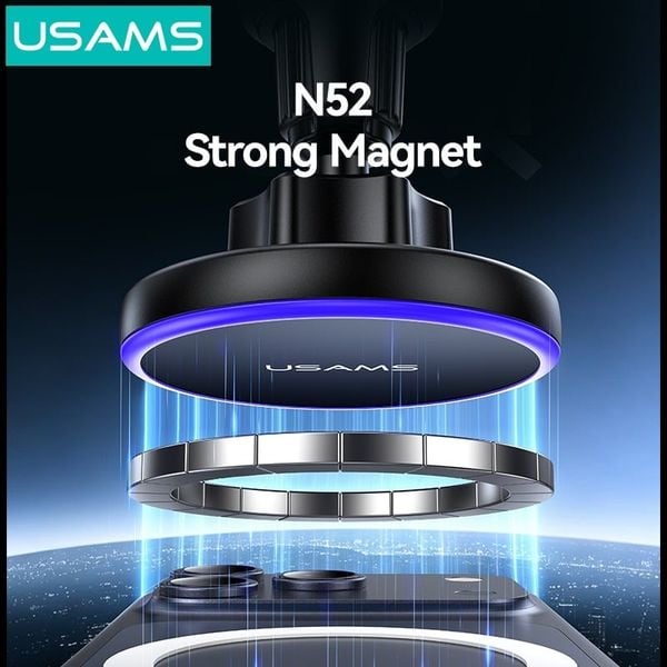 Giá Đỡ Điện Thoại Ô Tô Kiêm Sạc Không Dây USAMS CD277 (Air Vent Version, 15W Wireless Charging, 360° Adjustable, Ice Blue Ambient Lighting, Strong Magnetism)