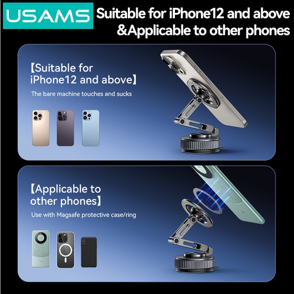 Giá Đỡ Điện Thoại Hút Chân Không Ô Tô Từ Tính + Để Bàn USAMS ZJ087 (360° Rotation, 360° Foldable, 3-Axis folding, N52 Strong magnetic adsorption)