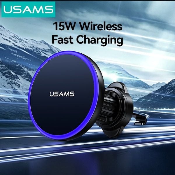 Giá Đỡ Điện Thoại Ô Tô Kiêm Sạc Không Dây USAMS CD277 (Air Vent Version, 15W Wireless Charging, 360° Adjustable, Ice Blue Ambient Lighting, Strong Magnetism)