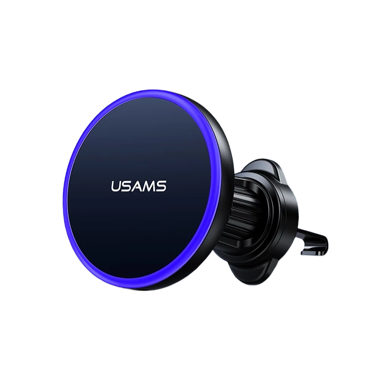 Giá Đỡ Điện Thoại Ô Tô Kiêm Sạc Không Dây USAMS CD277 (Air Vent Version, 15W Wireless Charging, 360° Adjustable, Ice Blue Ambient Lighting, Strong Magnetism)