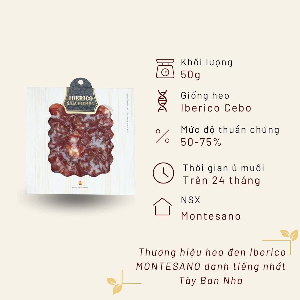 Xúc xích Muối Salami Iberico Cebo Salchichon Gói Cắt Lát 50g Montesano