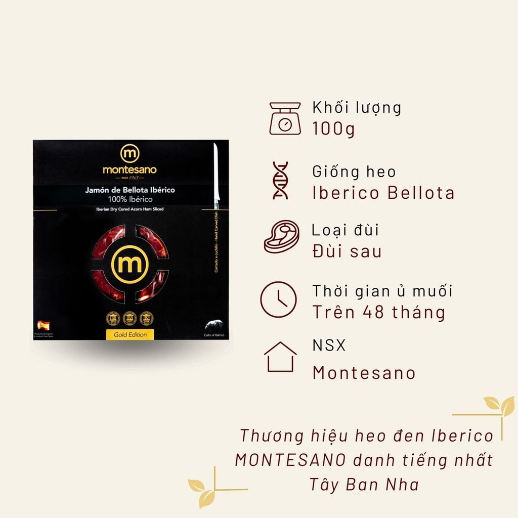 Đùi Sau Heo Muối Iberico Bellota 100% 48 Tháng Gói Cắt Lát Bằng Tay 100g Montesano