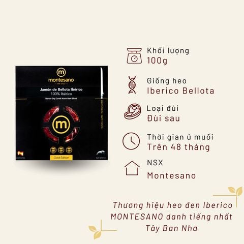Đùi Sau Heo Muối Iberico Bellota 100% 48 Tháng Gói Cắt Lát Bằng Tay 100g Montesano