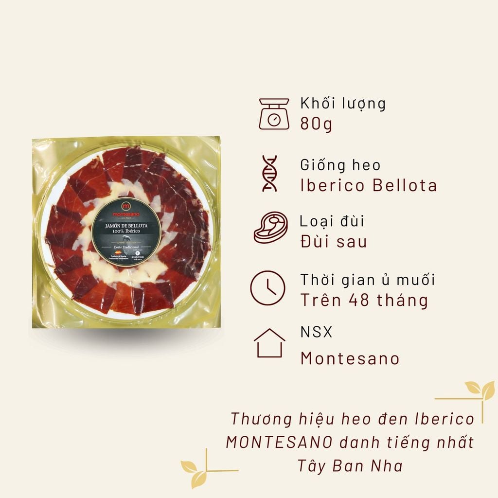 Đùi Sau Heo Muối Iberico Bellota Thuần Chủng 100% 48 Tháng Gói Cắt Lát Truyền Thống 80g Montesano