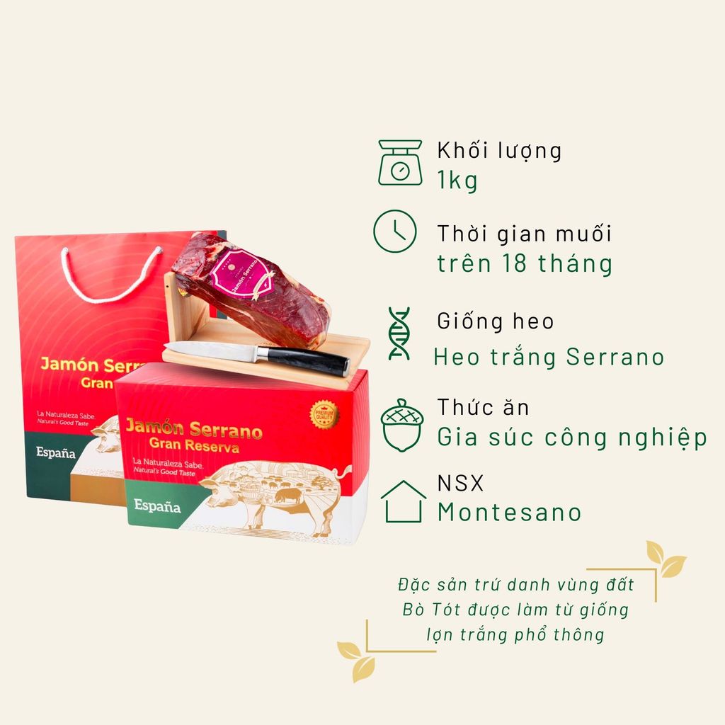 Hộp quà đùi heo trắng muối mini 1KG Serrano Gran Reserva muối 18 tháng