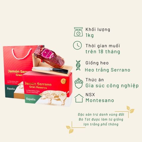 Hộp quà đùi heo trắng muối mini 1KG Serrano Gran Reserva muối 18 tháng