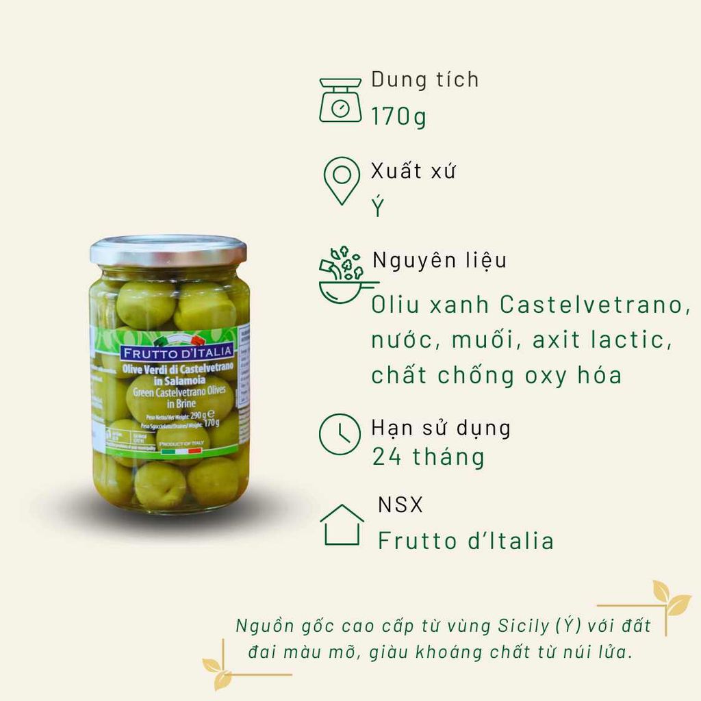 Oliu Xanh Castelvetrano Có Hạt Frutto d'Italia Madama Oliva 170g