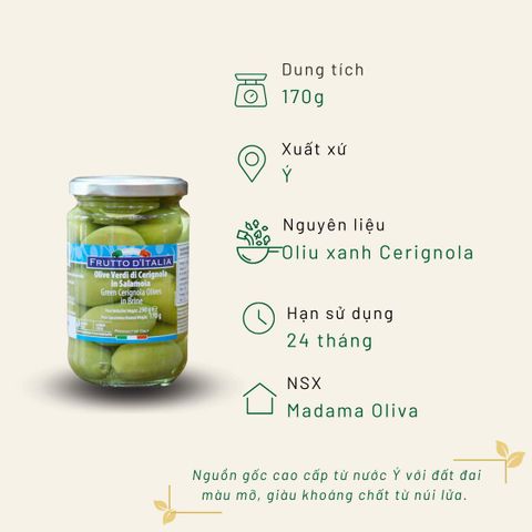 Oliu Xanh Cerignola Có Hạt Frutto d'Italia Madama Oliva 170g