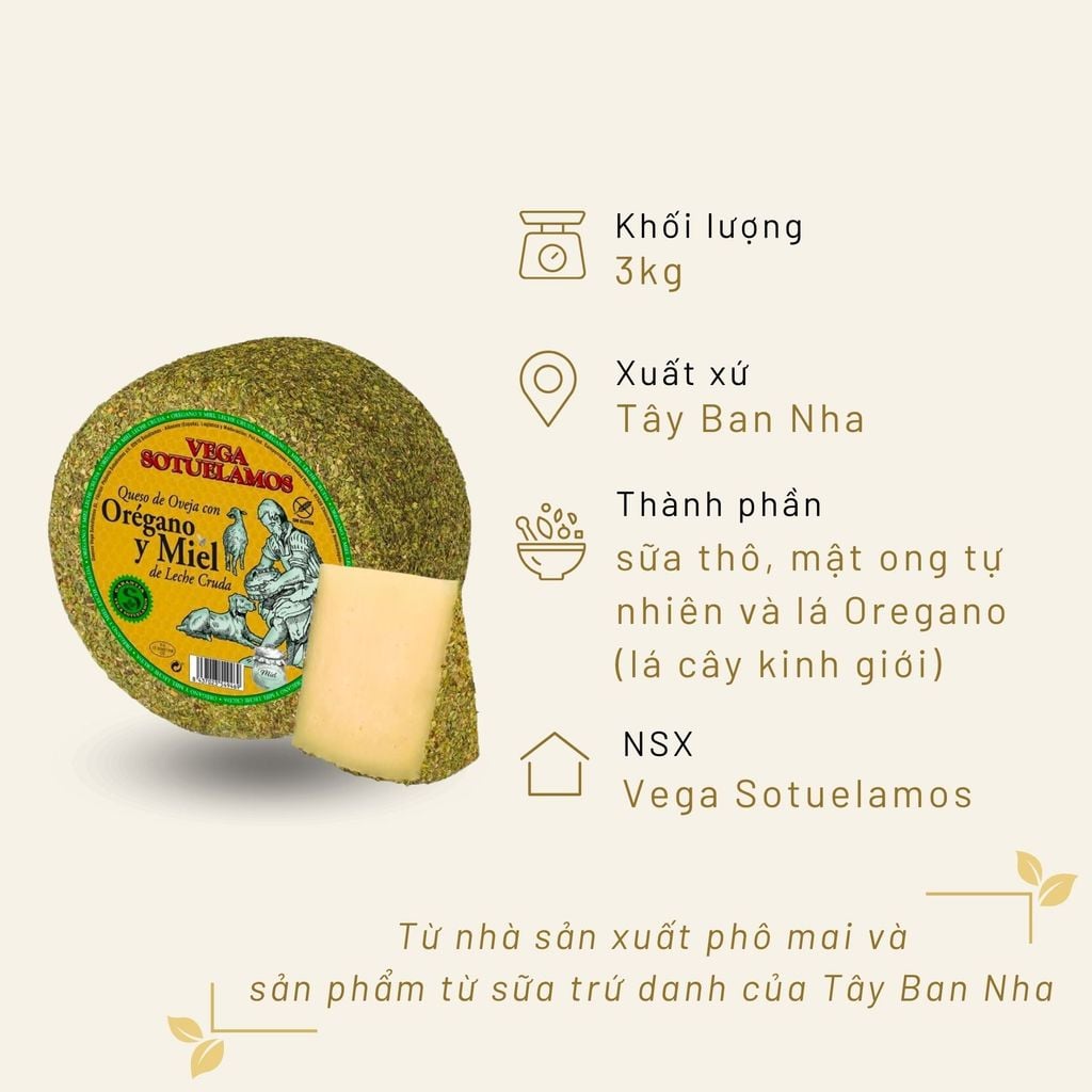 Phô Mai Vega Sữa Cừu Mật Ong Và Lá Oregano Nguyên Khối