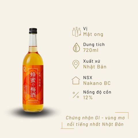 Rượu mơ Nhật Bản Nakano Mitsu vị mật ong 720ml 12%