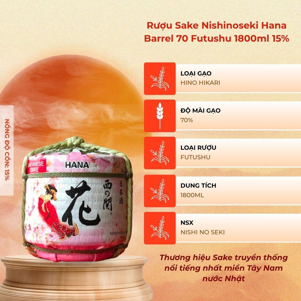 Rượu Sake Nishinoseki Hana Barrel 70 Futsushu 1800ml 15%