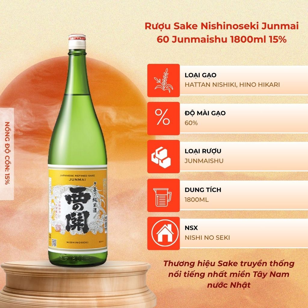 Rượu Sake Nishinoseki Junmai 60 Junmaishu 1800ml 15%