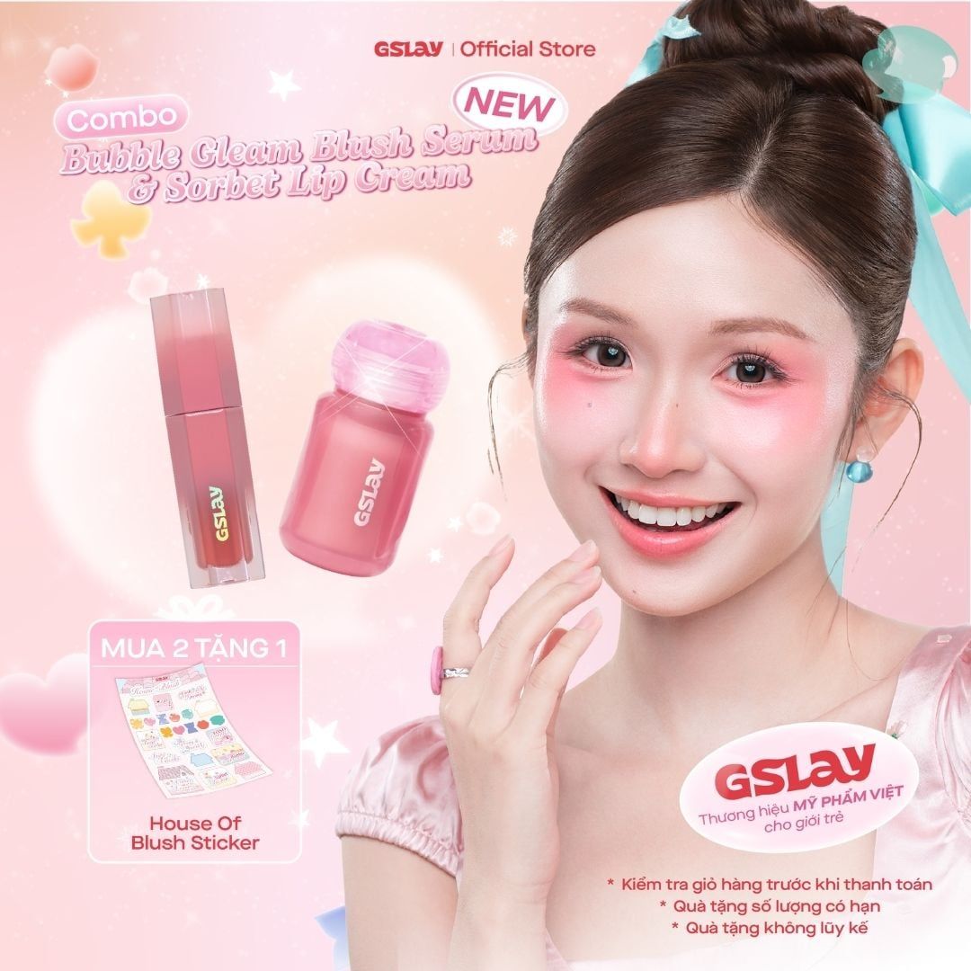  Combo 01 Má hồng Serum căng bóng đa chiều GSLAY Bubble Gleam Blush Serum và 01 Son kem GSLAY Sorbet Lip Cream mịn lì thuần chay che phủ rãnh môi giữ màu lâu trôi 