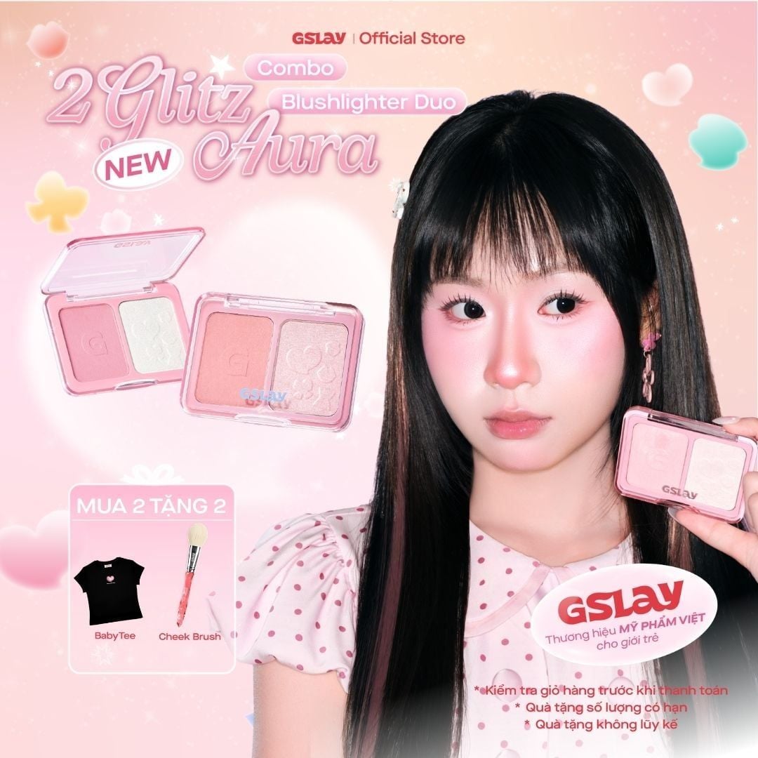  Combo 02 Bảng má hồng bắt sáng 2 ô đa năng GSLAY Glitz Aura Blushlighter Duo phấn má nướng mịn, highlight căng sáng 7,6g 