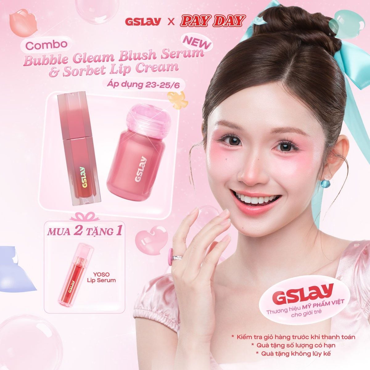  Combo 01 Má hồng Serum căng bóng đa chiều GSLAY Bubble Gleam Blush Serum và 01 Son kem GSLAY Sorbet Lip Cream mịn lì thuần chay che phủ rãnh môi giữ màu lâu trôi 