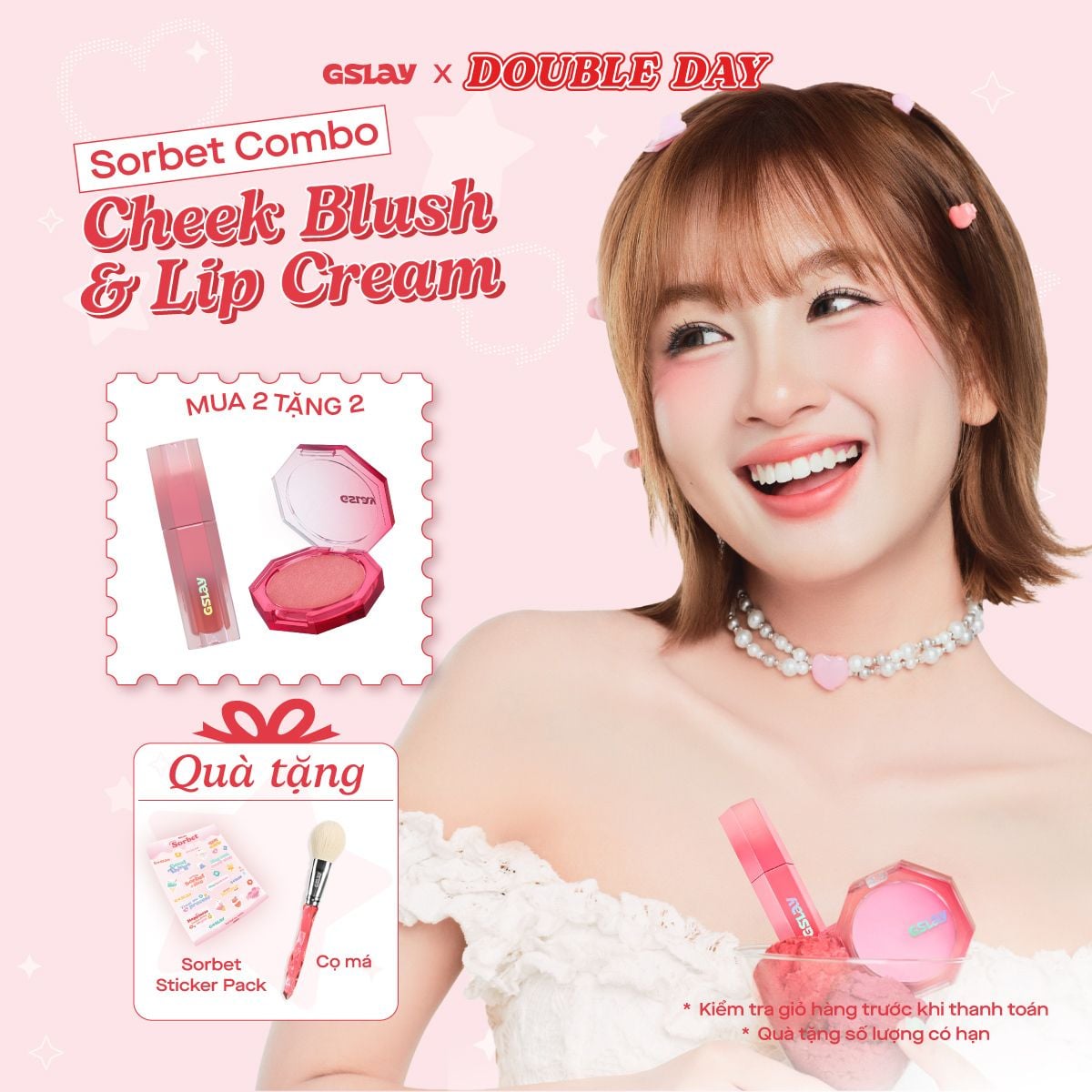  Combo GSLAY SORBET Má hồng kem hoá phấn thuần chay mịn lì (5g) & Son kem mịn mượt mờ lì thuần chay (4g) 