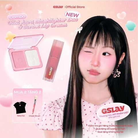  Combo 01 Bảng má hồng bắt sáng 2 ô đa năng GSLAY Glitz Aura Blushlighter Duo phấn má nướng mịn, highlight căng sáng 7,6g và 01 Son kem GSLAY Sorbet Lip Cream mịn lì thuần chay che phủ rãnh môi giữ màu lâu trôi 4gr 