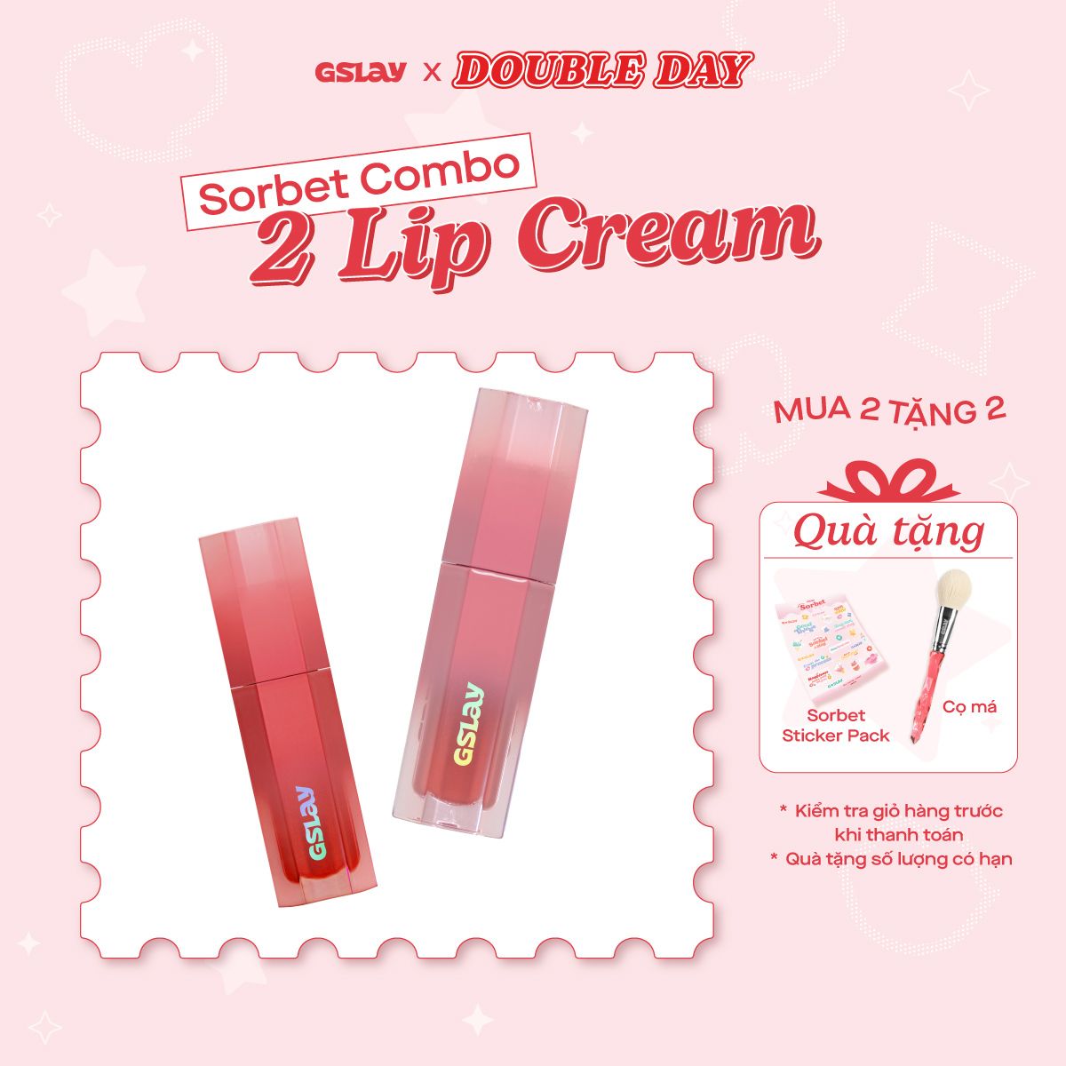  Combo 02 Son Kem GSLAY Sorbet Lip Cream mịn mượt mờ lì thuần chay che phủ rãnh môi giữ màu lâu trôi không khô môi (4gx2) 