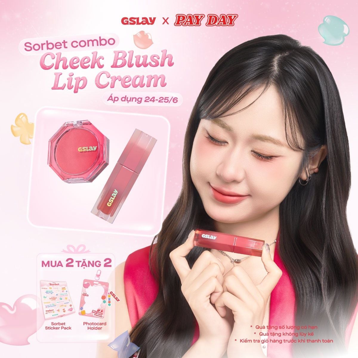  Combo GSLAY SORBET Má hồng kem hoá phấn thuần chay mịn lì (5g) & Son kem mịn mượt mờ lì thuần chay (4g) 