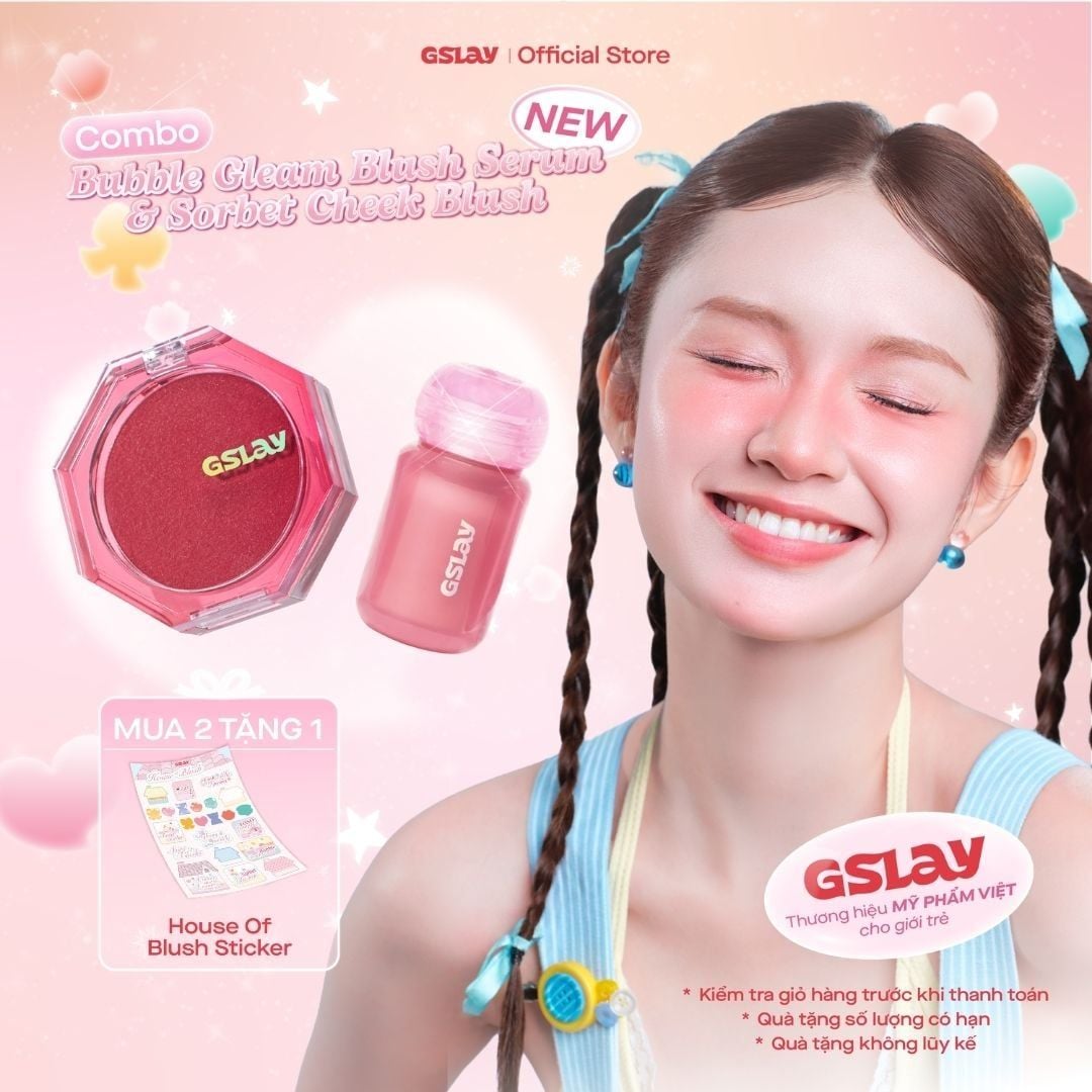  Combo 01 Má hồng Serum căng bóng đa chiều GSLAY Bubble Gleam Blush Serum và 01 Má hồng kem hoá phấn GSLAY Sorbet Cheek Blush thuần chay mịn lì và nhũ dễ tán bền màu 