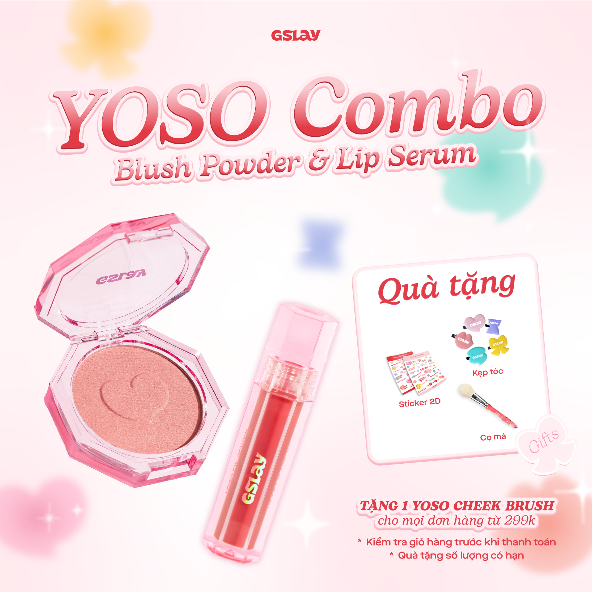  Combo GSLAY YOSO Phấn má hồng & Son dưỡng bóng có màu thuần chay 