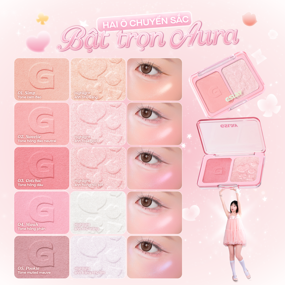  Combo 02 Bảng má hồng bắt sáng 2 ô đa năng GSLAY Glitz Aura Blushlighter Duo phấn má nướng mịn, highlight căng sáng 7,6g 