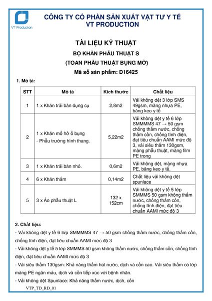  D16425 BỘ KHĂN PHẪU THUẬT S (TOAN PHẪU THUẬT BỤNG MỞ) 
