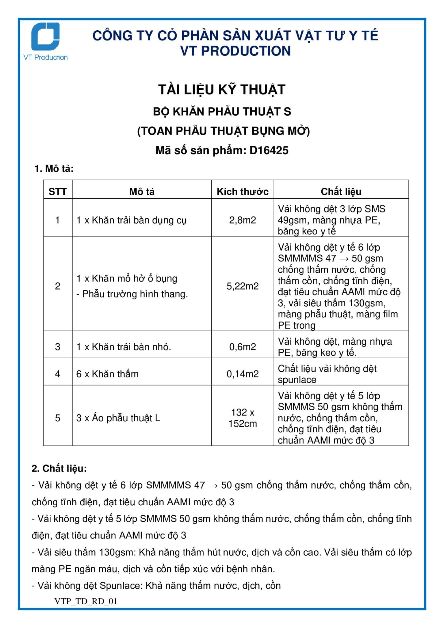  D16425 BỘ KHĂN PHẪU THUẬT S (TOAN PHẪU THUẬT BỤNG MỞ) 