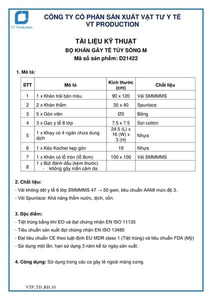  D21422 BỘ KHĂN GÂY TÊ TỦY SỐNG M 