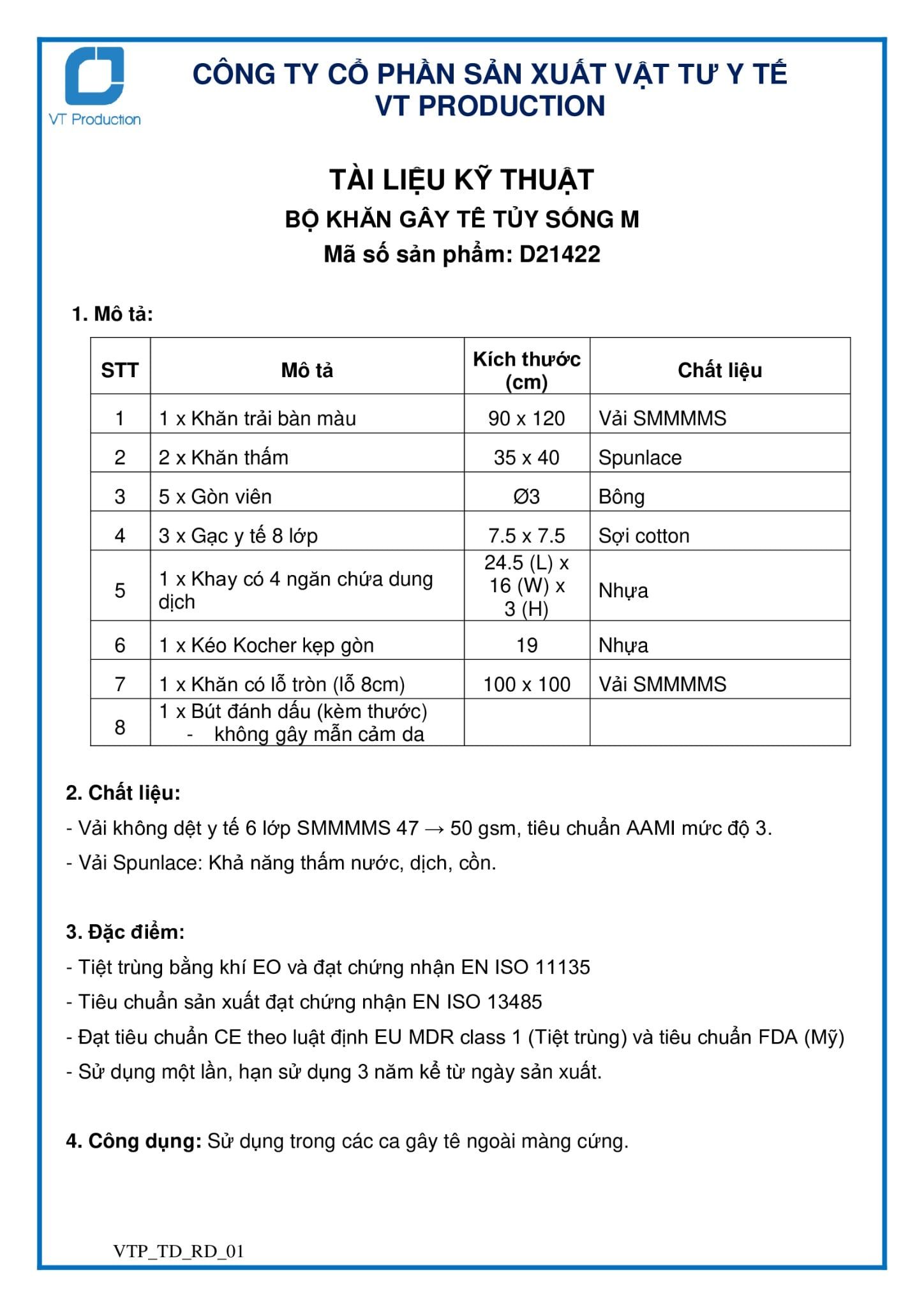  D21422 BỘ KHĂN GÂY TÊ TỦY SỐNG M 