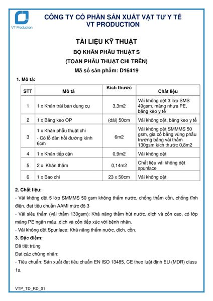  D16419 BỘ KHĂN PHẪU THUẬT S (TOAN PHẪU THUẬT CHI TRÊN) 