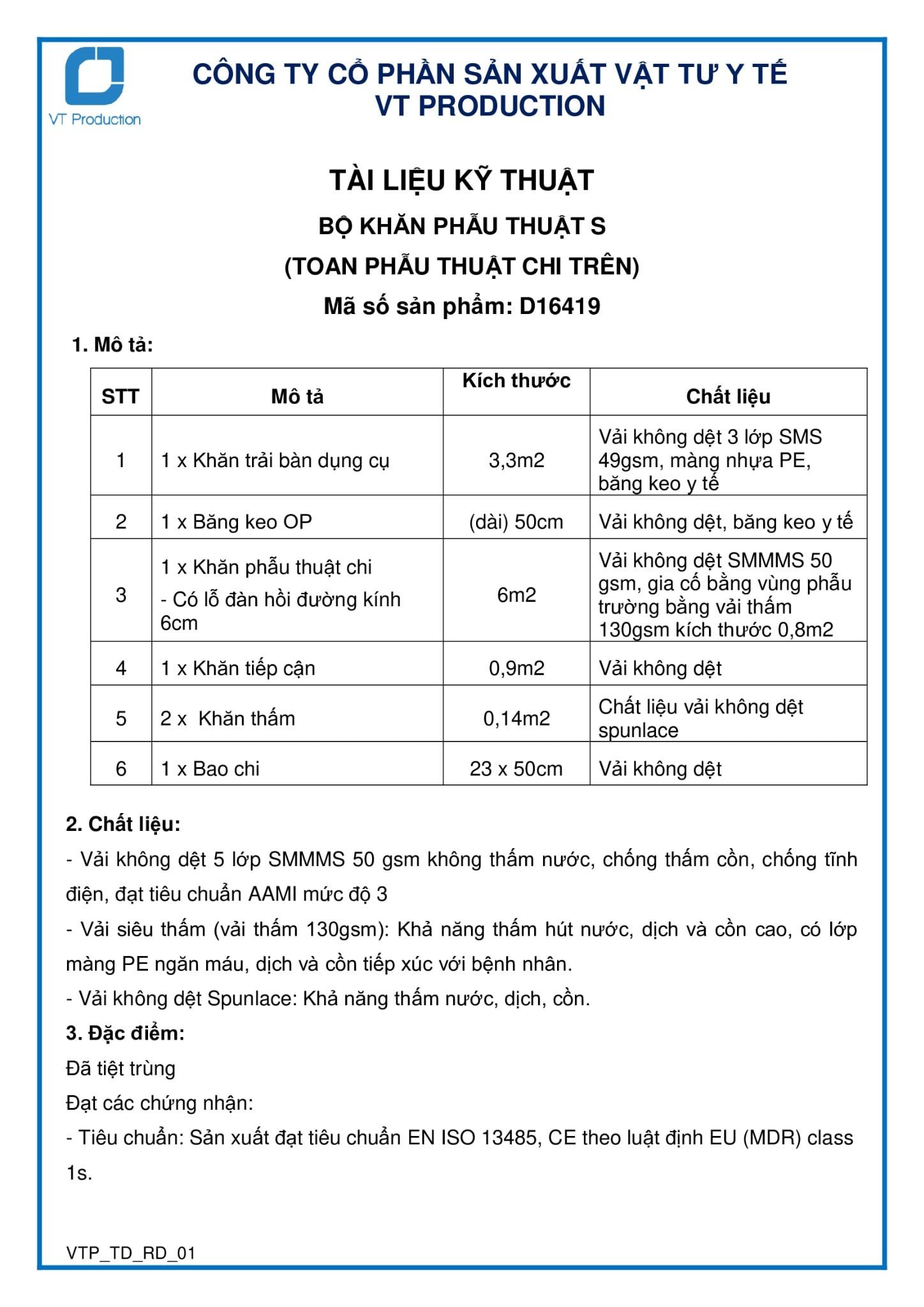  D16419 BỘ KHĂN PHẪU THUẬT S (TOAN PHẪU THUẬT CHI TRÊN) 