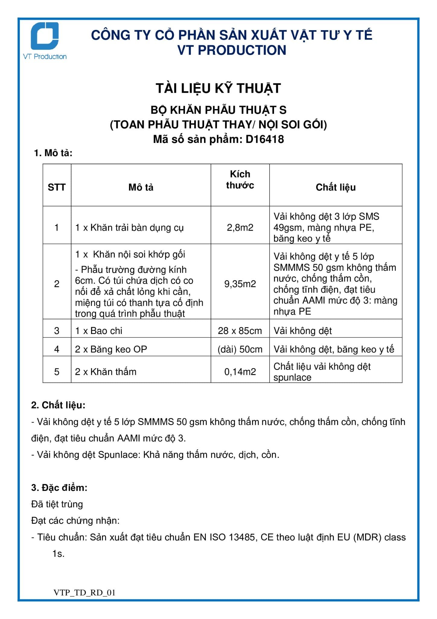  D16418 BỘ KHĂN PHẪU THUẬT S (TOAN PHẪU THUẬT THAY/ NỘI SOI GỐI) 