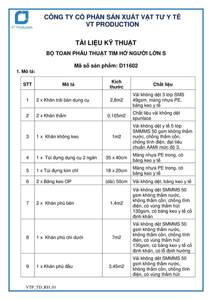  D11602 BỘ TOAN PHẪU THUẬT TIM HỞ NGƯỜI LỚN S 