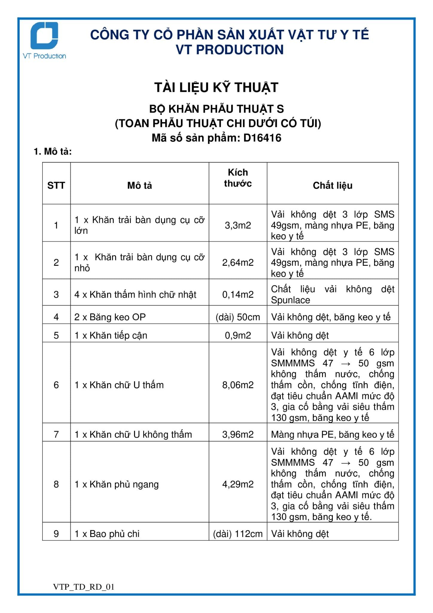  D16416 BỘ KHĂN PHẪU THUẬT S (TOAN PHẪU THUẬT CHI DƯỚI CÓ TÚI) 