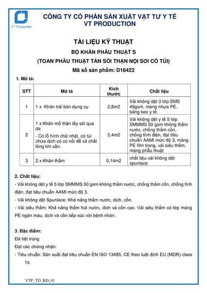  D16422 BỘ KHĂN PHẪU THUẬT S (TOAN PHẪU THUẬT TÁN SỎI THẬN NỘI SOI CÓ TÚI) 