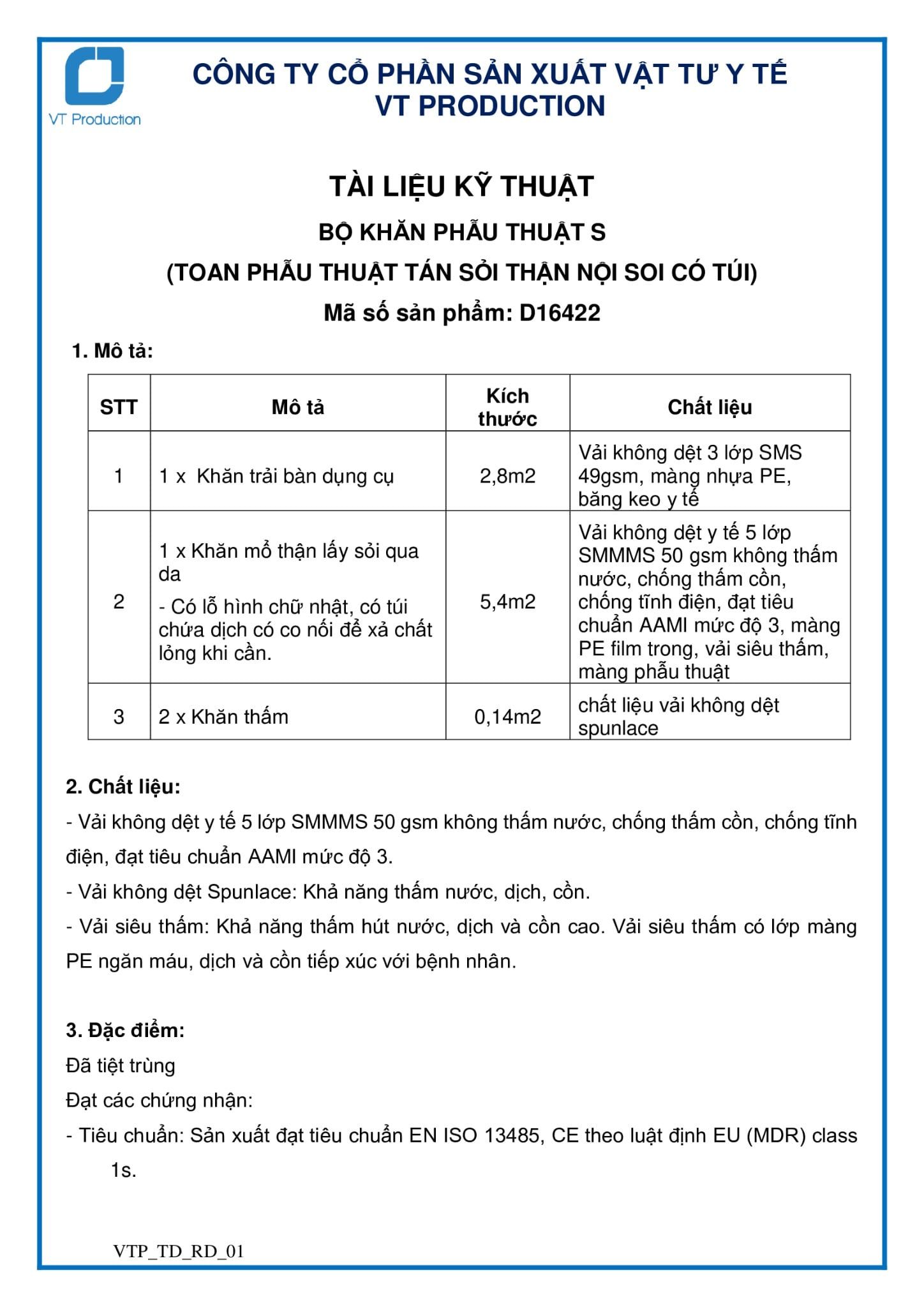  D16422 BỘ KHĂN PHẪU THUẬT S (TOAN PHẪU THUẬT TÁN SỎI THẬN NỘI SOI CÓ TÚI) 