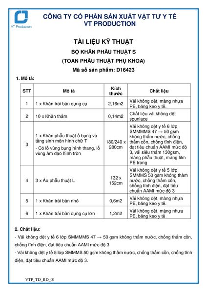  D16423 BỘ KHĂN PHẪU THUẬT S (TOAN PHẪU THUẬT PHỤ KHOA) 